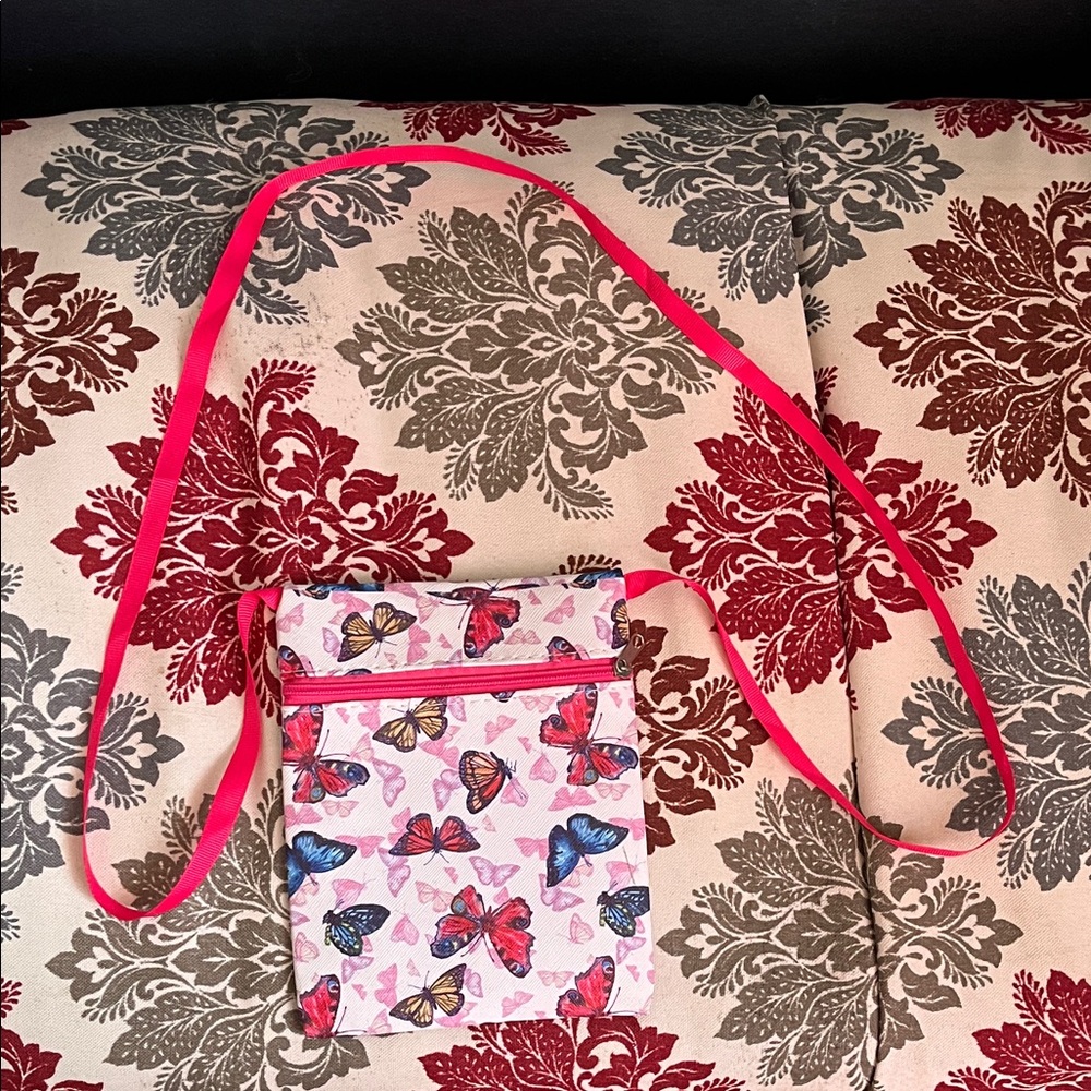 Butterfly Print Crossbody Bag with Pink Strap